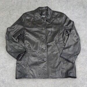 Vintage New Frontier Jacket Womens XXL 2XL Black Leather Overcoat Long Button